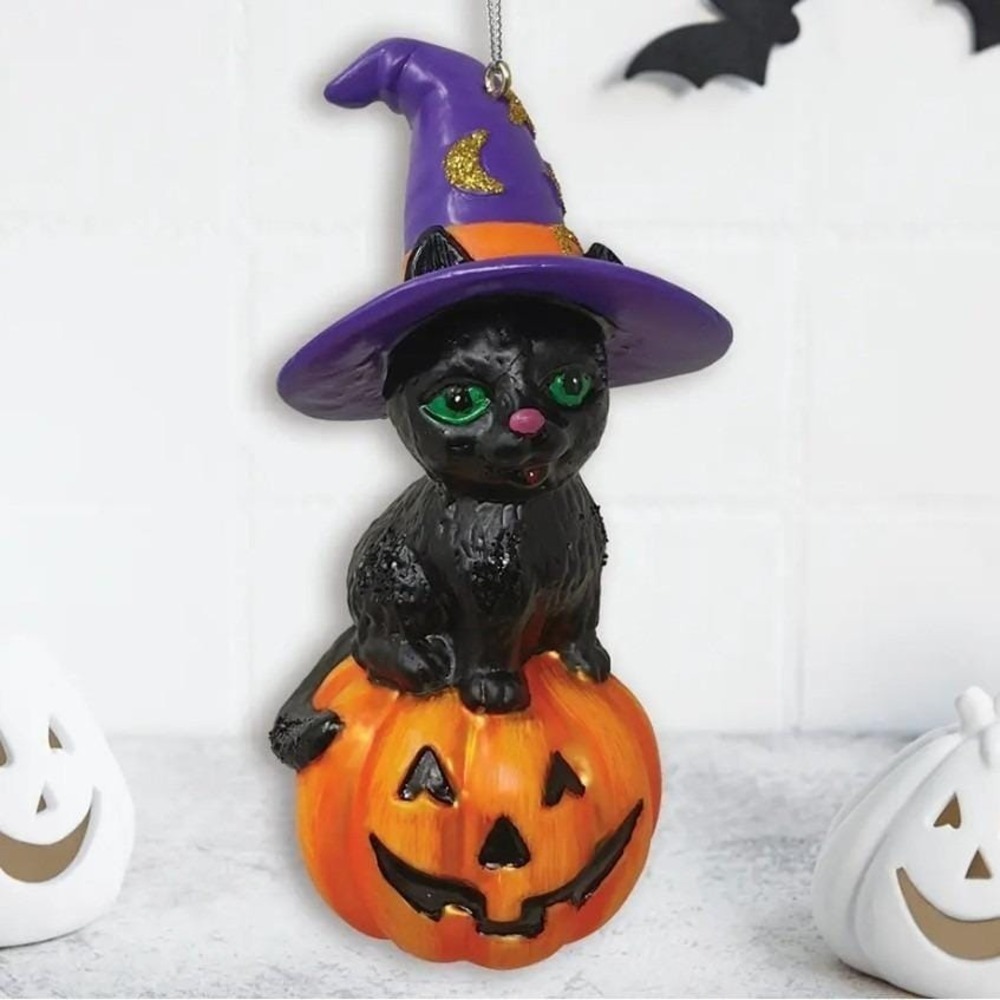 Vintage Style Halloween Black Cat Witch on Pumpkin Spooky Glass Ornament NEW